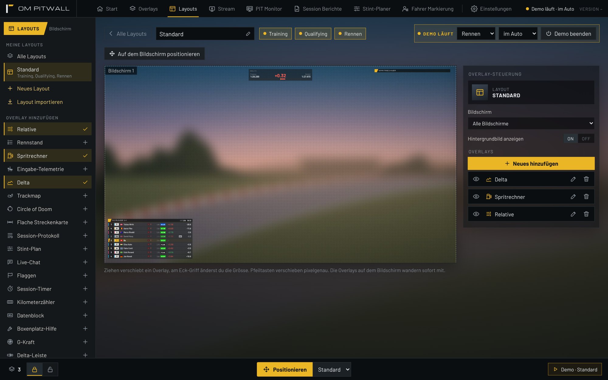 Layout-Editor mit Bildschirmvorschau, Delta, Spritrechner und Relative