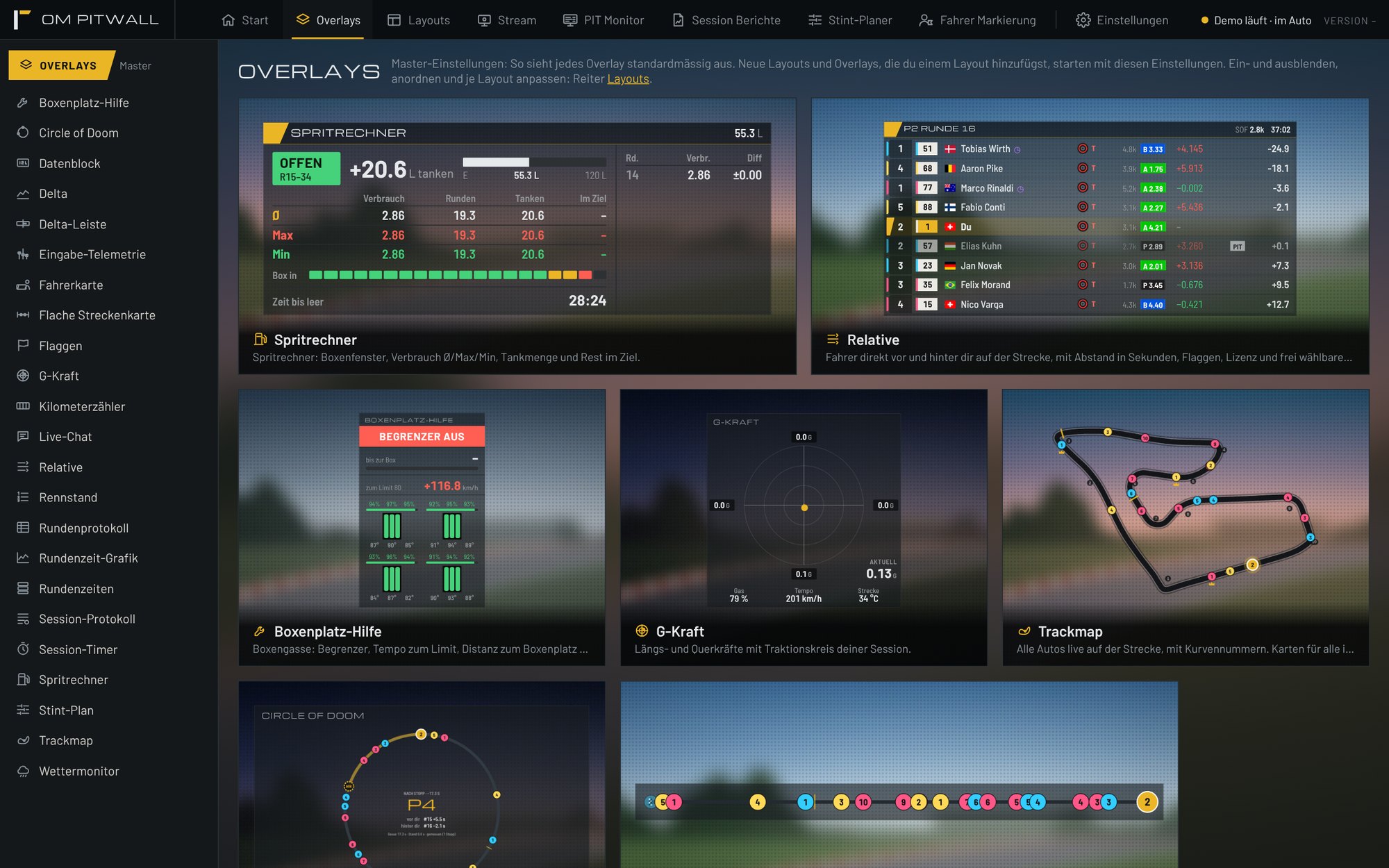 Hauptfenster von OM Pitwall mit der Übersicht der Overlays